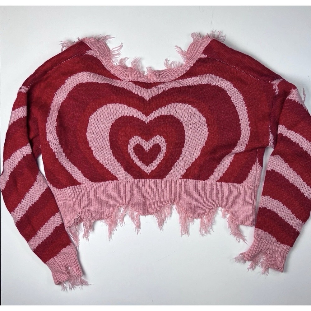 Distressed Just Polly Knit Sweater‎ Medium Frayed Heart Pattern Relaxed - Picture 7 of 7